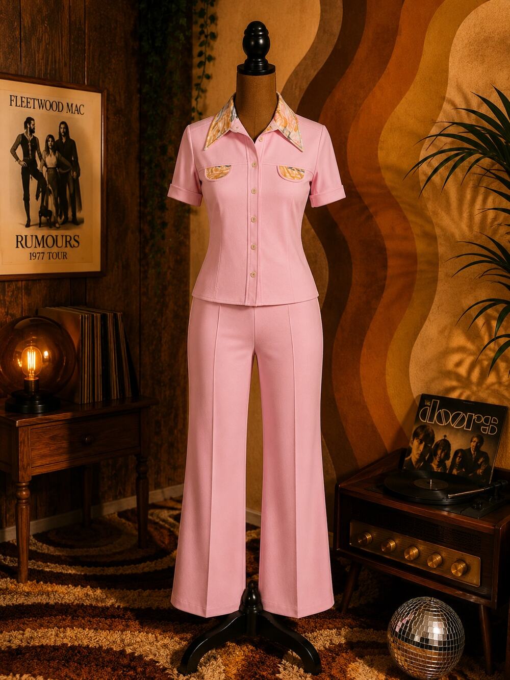 Vintage Mr. Berg Pink 2 Piece Pantsuit Printed Collar Wide Leg